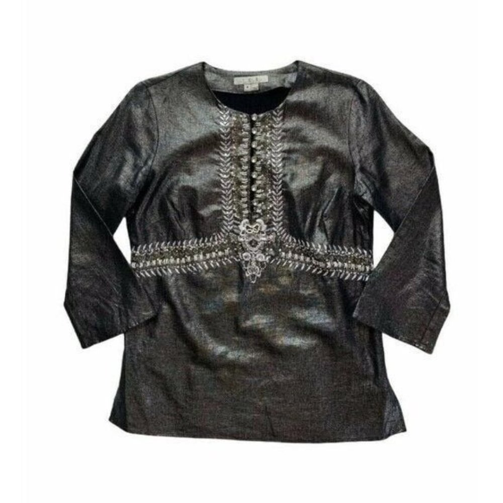 ICE Blouse Womens Size 4 Blue Embellished Flowers Boho Style Tunic Shirt Top